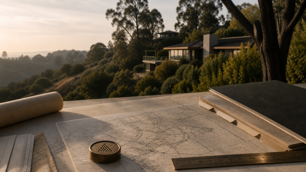 a parcel survey map, brass compass and dossier on a table, a california hillside home in soft focus beyond